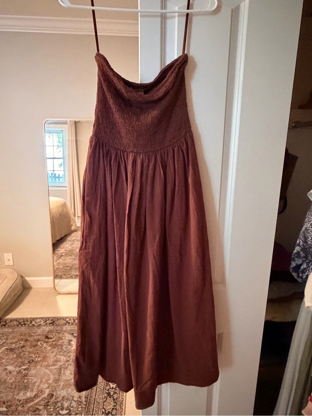 Smocked Spaghetti-Strap Midi Dress in Chocolate Brown
